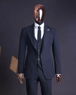A Steel Black, Seer Sucker Fabric, Knitted, Peak Lapel Suit