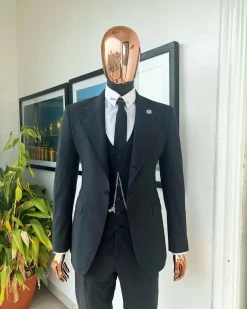 A Steel Black, Seer Sucker Fabric, Knitted, Peak Lapel Suit