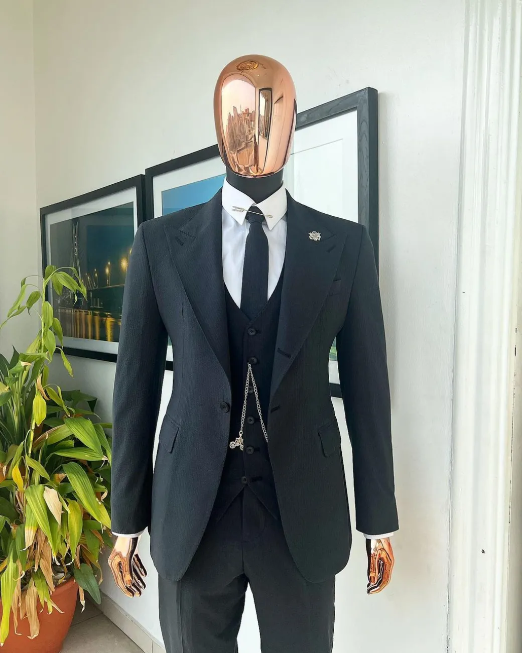 A Steel Black, Seer Sucker Fabric, Knitted, Peak Lapel Suit