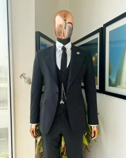 A Steel Black, Seer Sucker Fabric, Knitted, Peak Lapel Suit