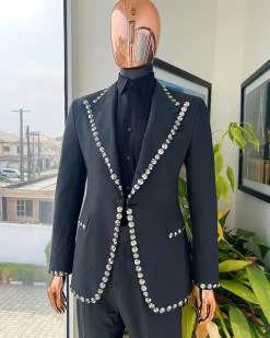 A steel black, seer sucker fabric, knitted, peak lapel suit