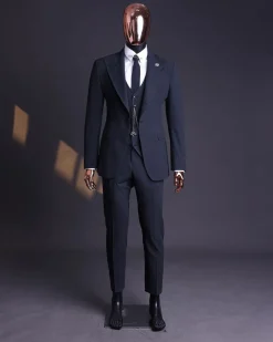 A Steel Black, Seer Sucker Fabric, Knitted, Peak Lapel Suit