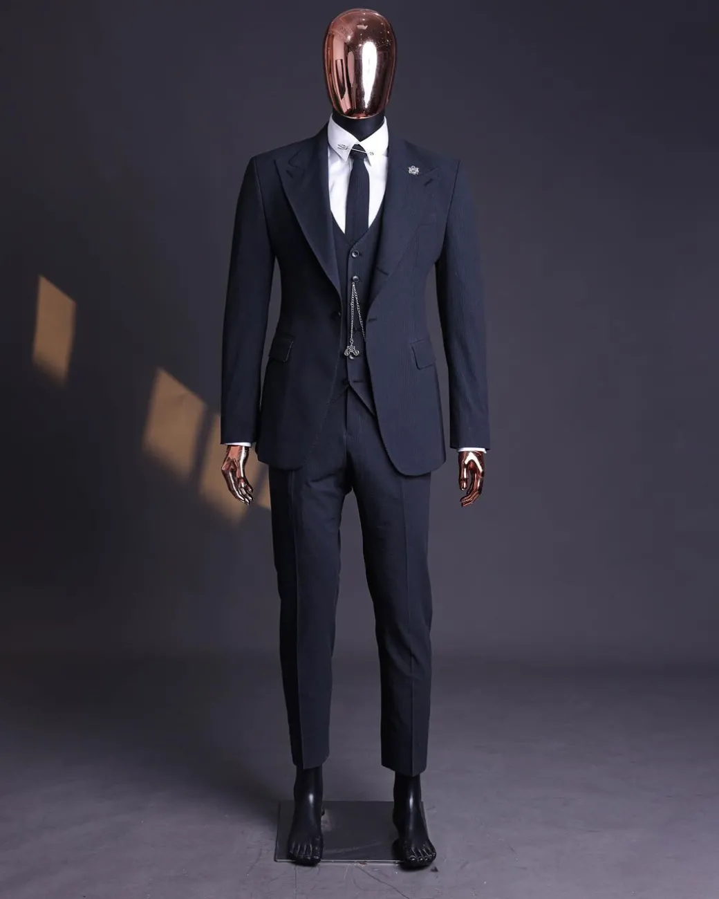 A Steel Black, Seer Sucker Fabric, Knitted, Peak Lapel Suit
