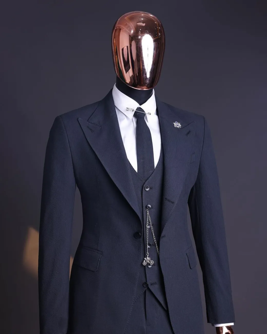 A Steel Black, Seer Sucker Fabric, Knitted, Peak Lapel Suit