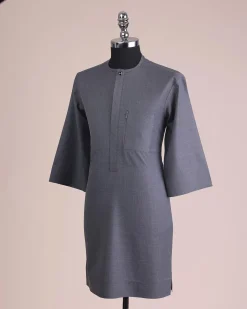A Steel Grey, Front Flap With Black Swarovski Button Detailing Kaftan