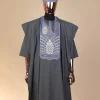 A Steel Grey, woven basket element metallic wire embroidery with matching Swarovski stone details agbada