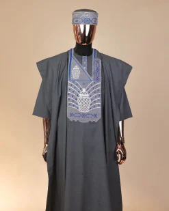 A Steel Grey, woven basket element metallic wire embroidery with matching Swarovski stone details agbada