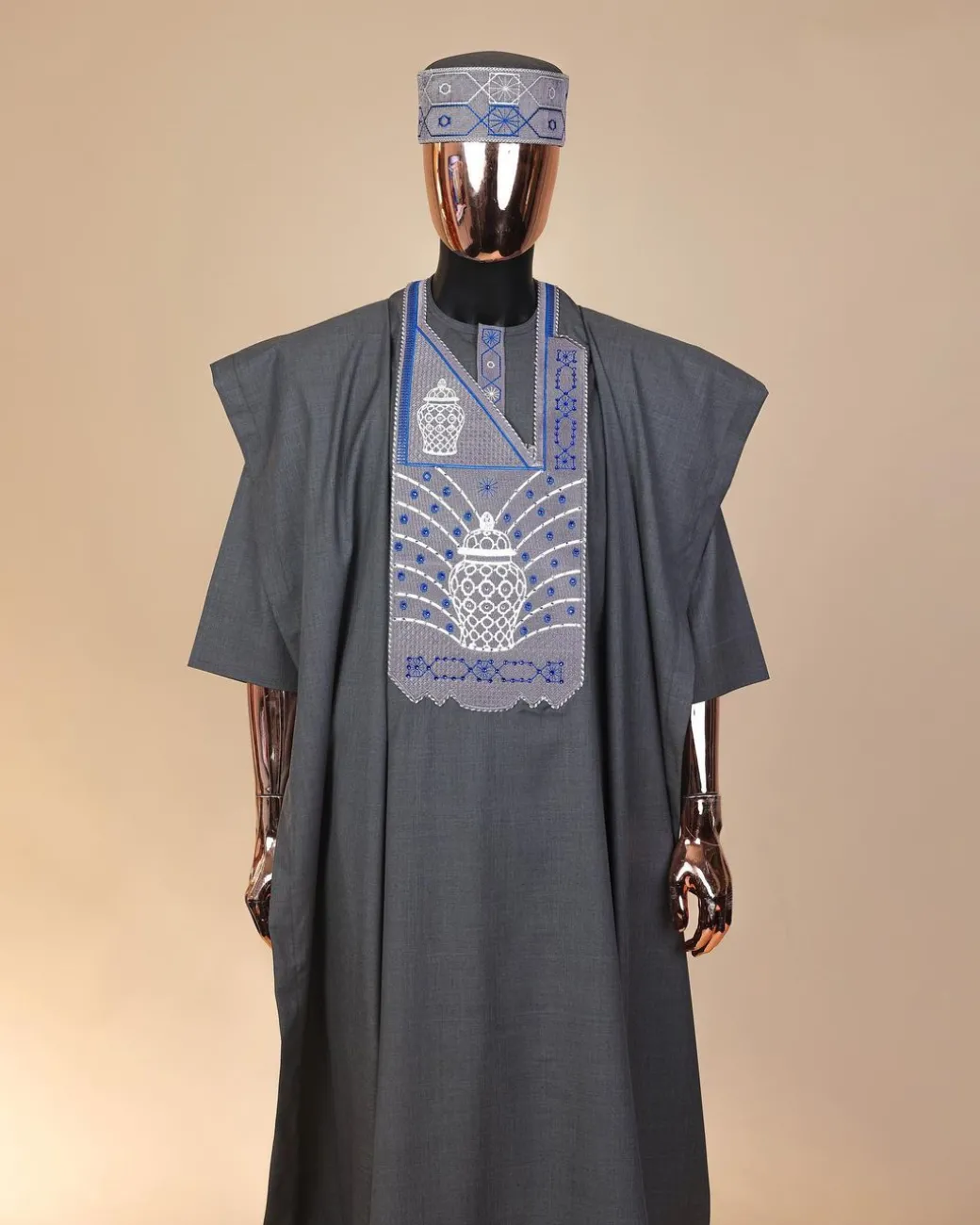 A Steel Grey, woven basket element metallic wire embroidery with matching Swarovski stone details agbada