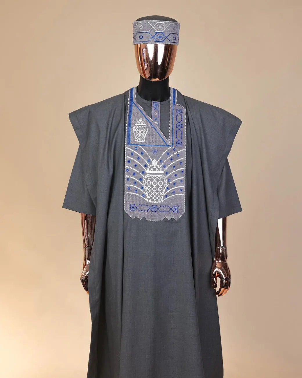 A Steel Grey, woven basket element metallic wire embroidery with matching Swarovski stone details agbada
