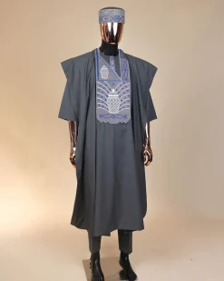 A Steel Grey, woven basket element metallic wire embroidery with matching Swarovski stone details agbada