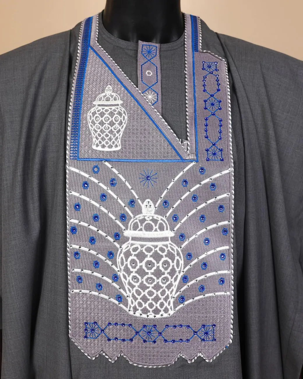 A Steel Grey, woven basket element metallic wire embroidery with matching Swarovski stone details agbada