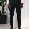 A Straight Cut, charcoal black, side metal adjuster and silk taping tuxedo pant