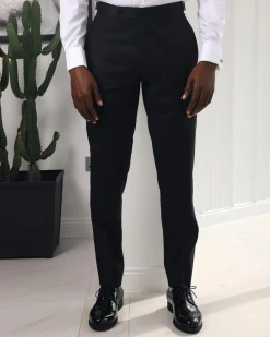 A Straight Cut, charcoal black, side metal adjuster and silk taping tuxedo pant