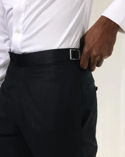 A Straight Cut, charcoal black, side metal adjuster and silk taping tuxedo pant