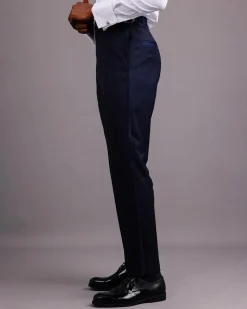 A Straight Cut, Navy Blue, Side Metal Adjuster And Silk Taping Tuxedo Pant