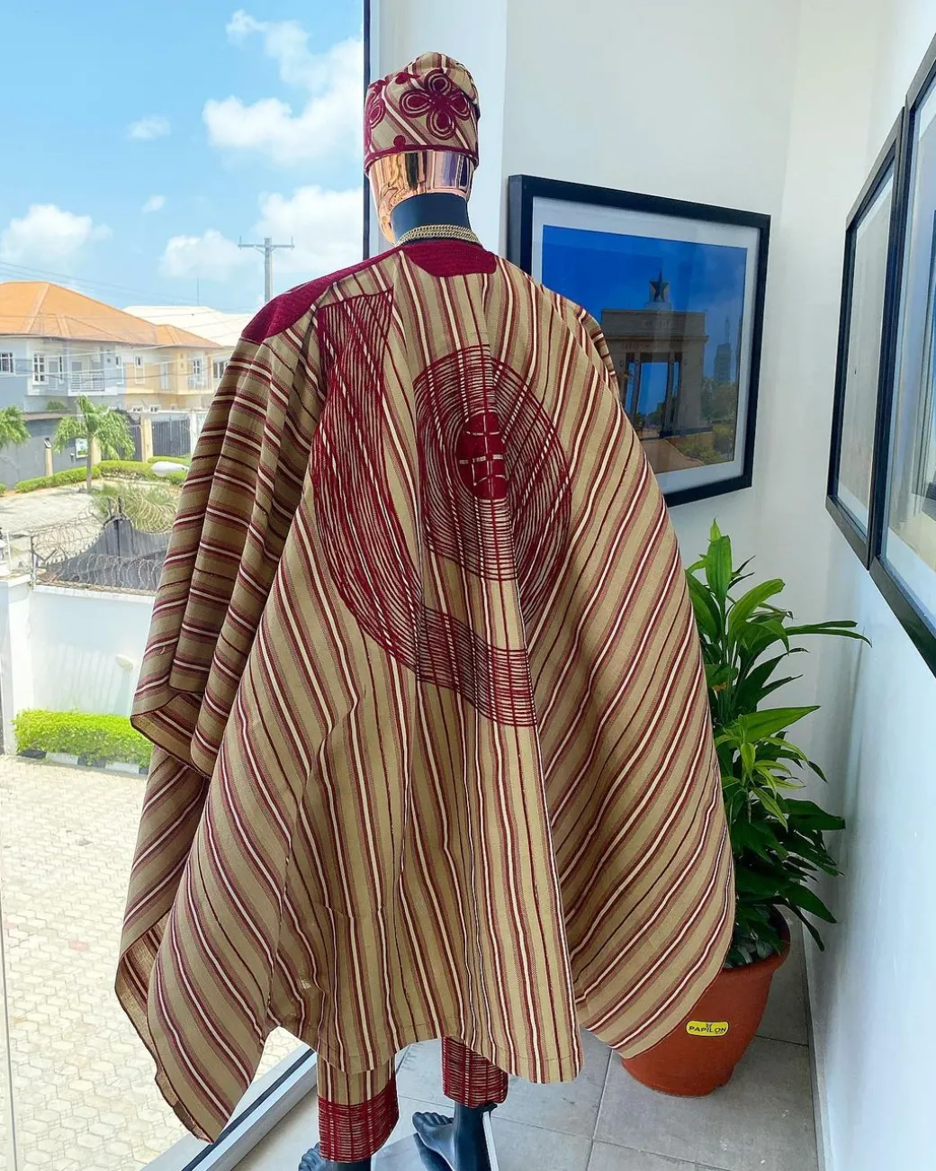 A Stripe champagne gold, cream, burgundy, aso oke regal agbada