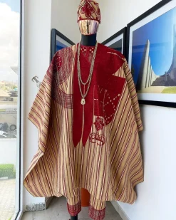 A Stripe champagne gold, cream, burgundy, aso oke regal agbada