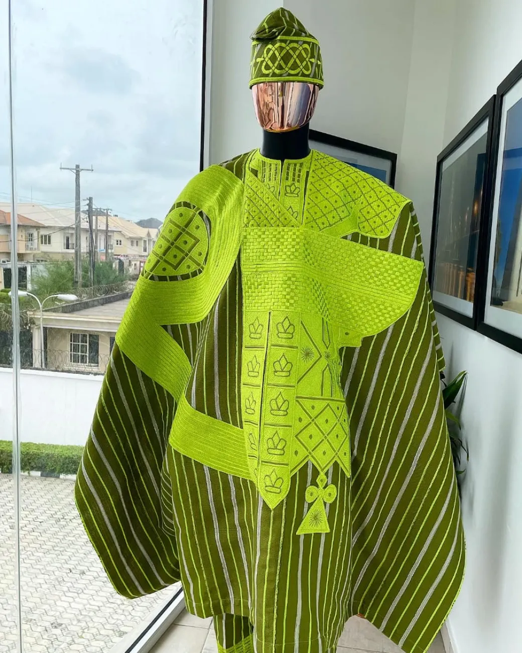 A Stripe Lemon Green And Olive Green, Aso Oke Regal Agbada