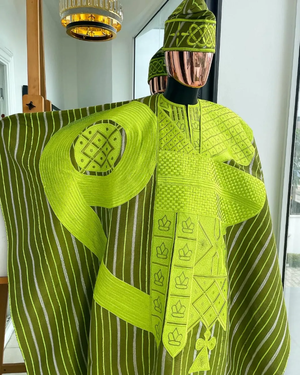 A Stripe Lemon Green And Olive Green, Aso Oke Regal Agbada