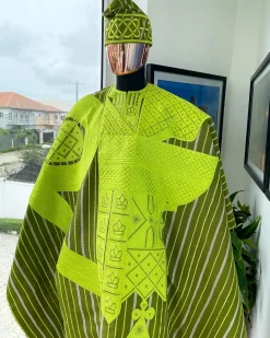 A Stripe Lemon Green And Olive Green, Aso Oke Regal Agbada