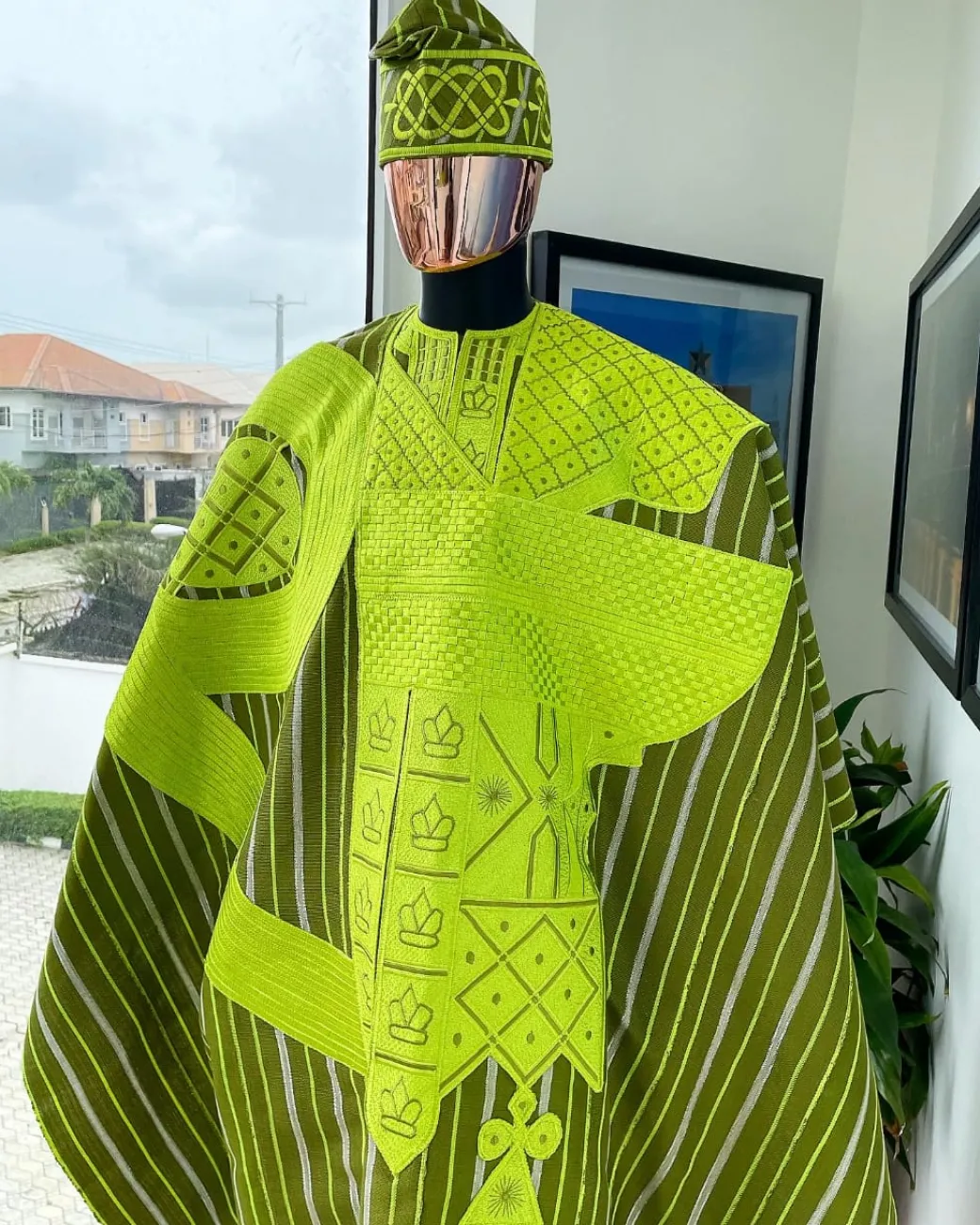 A Stripe Lemon Green And Olive Green, Aso Oke Regal Agbada