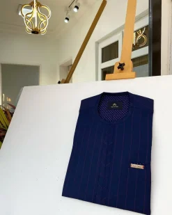 A Stripe Navy Blue and red kaftan with pen hole details and Sokoto
