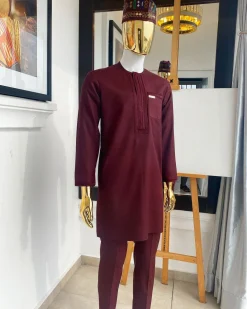 A “Suktan” rose wood burgundy, embroidery patch pocket and front flap, free suit hand sleeve details, African traditional senator native