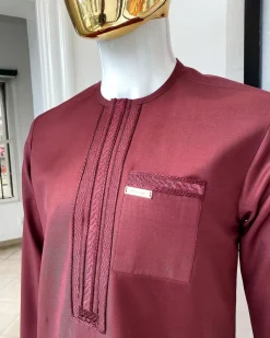 A “Suktan” rose wood burgundy, embroidery patch pocket and front flap, free suit hand sleeve details, African traditional senator native