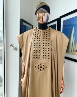 A Tan Brown, Connected Square Embroidery Design with Black Detailing Agbada