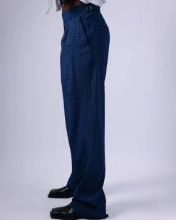 A Tattersall Check, Blue & Black, Extra Long Wide-Cut Pant Trouser.