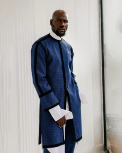 A Tattersall Check, Blue & Black “Manthis” With Black Velvet Taping Kimono