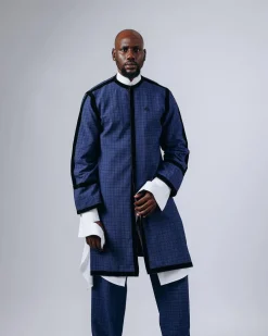 A Tattersall Check, Blue & Black “Manthis” With Black Velvet Taping Kimono