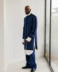 A Tattersall Check, Blue & Black “Manthis” With Black Velvet Taping Kimono