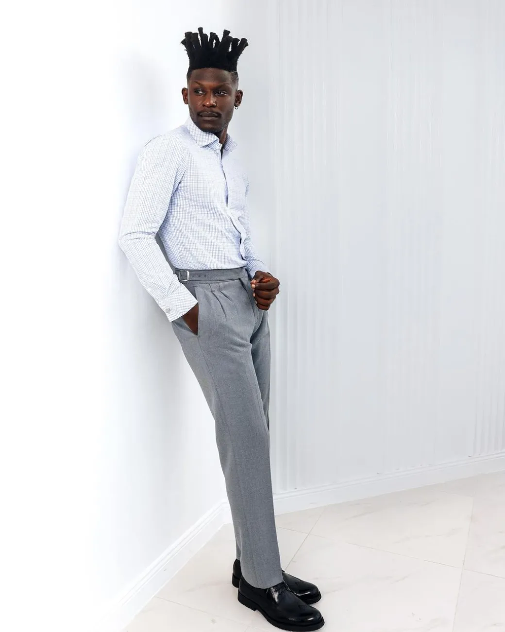 A Tattersall white, grey and light blue check, English spread collar business shirt