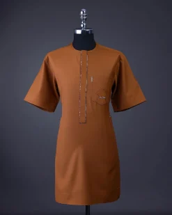 A Tawny brown, Front flap, patch pocket, short sleeve details African senator kaftan native.