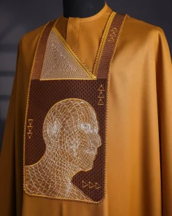 A Tawny brown, “Head Algorithm Mapping ” embroidery details agbada, 3/4 sleeve kaftan & sokoto