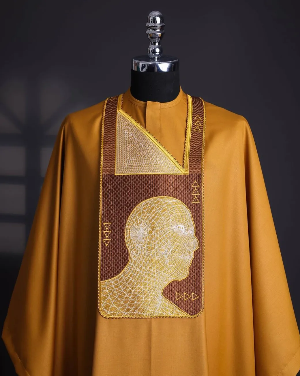 A Tawny brown, “Head Algorithm Mapping ” embroidery details agbada, 3/4 sleeve kaftan & sokoto