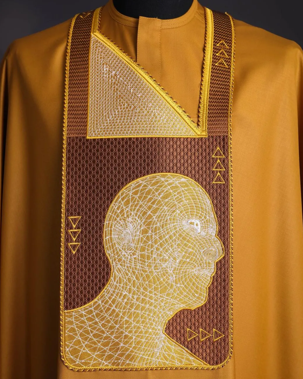 A Tawny brown, “Head Algorithm Mapping ” embroidery details agbada, 3/4 sleeve kaftan & sokoto