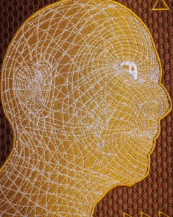 A Tawny brown, “Head Algorithm Mapping ” embroidery details agbada, 3/4 sleeve kaftan & sokoto