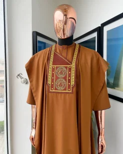 A Tawny brown, Medusa Head embroidery detailing Agbada