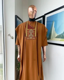 A Tawny brown, Medusa Head embroidery detailing Agbada