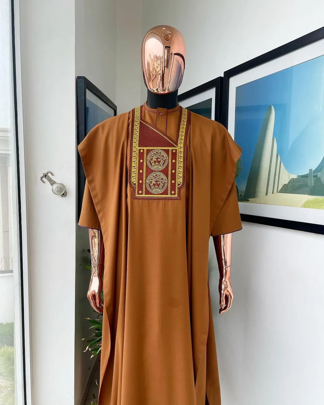 A Tawny brown, Medusa Head embroidery detailing Agbada