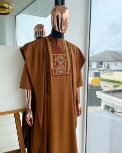 A Tawny brown, Medusa Head embroidery detailing Agbada