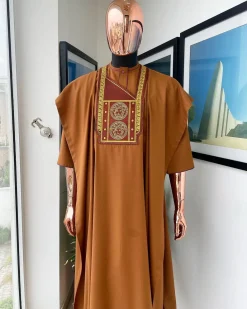 A Tawny brown, Medusa Head embroidery detailing Agbada