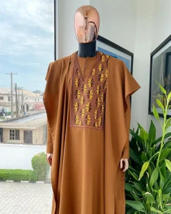 A Tawny Brown, Wing Pattern Mixed Gold Embroidery Detailing Agbada