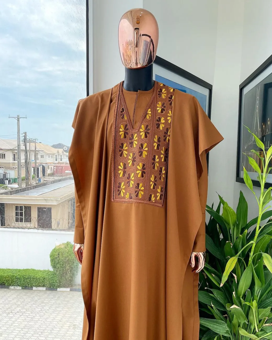 A Tawny Brown, Wing Pattern Mixed Gold Embroidery Detailing Agbada