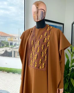 A Tawny Brown, Wing Pattern Mixed Gold Embroidery Detailing Agbada