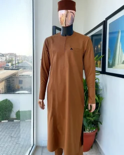 A Tawny Brown, Zip Line Flap, High Cuff Detailing African Senator Kaftan Native.