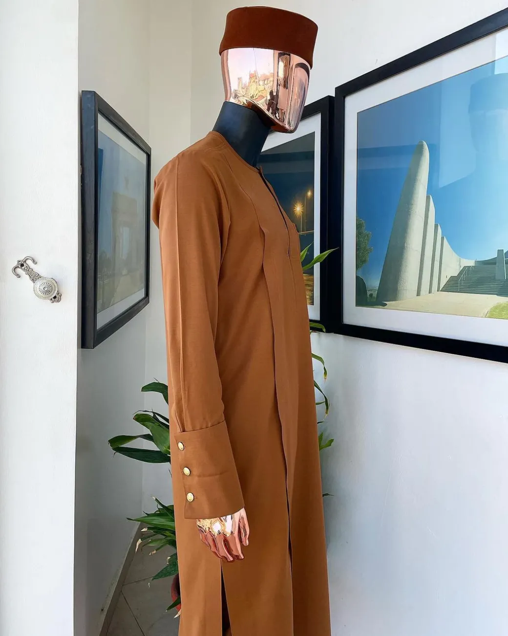 A Tawny Brown, Zip Line Flap, High Cuff Detailing African Senator Kaftan Native.