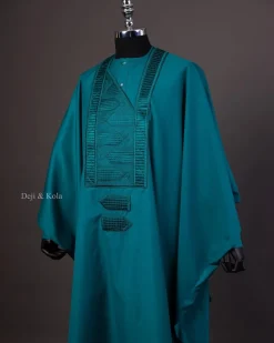A Teal Green Agbada, Long Sleeve Buba With Matching Swarovski Button Details & Sokoto